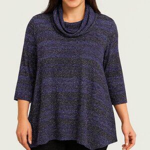 Purple & Blue & Starlight Sparkle Stretch Tunic 3/4 Sleeves Drape Neck L-XL